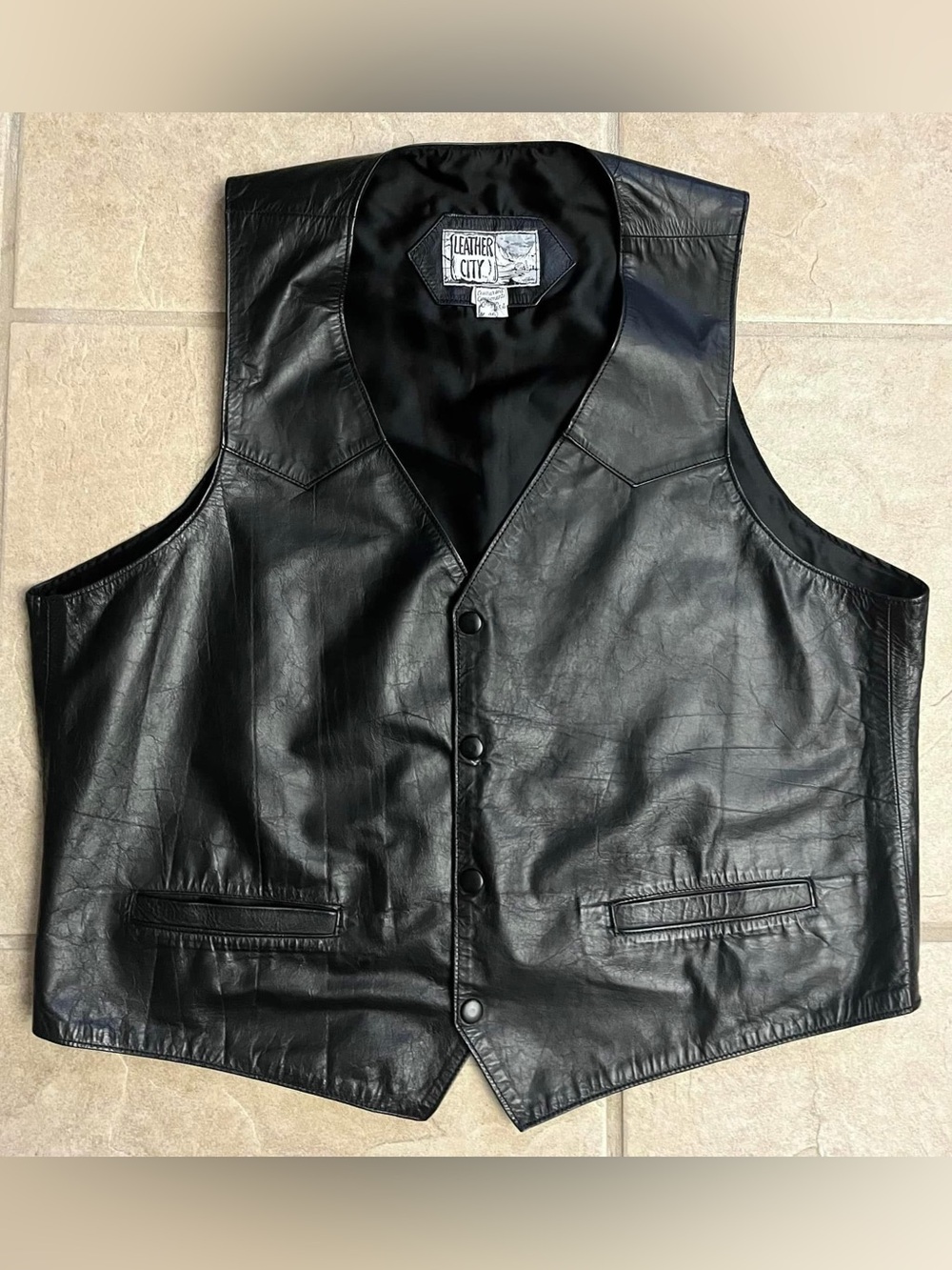 Vintage Men’s Black Leather City Black Button Up Biker Vest w/ Pockets